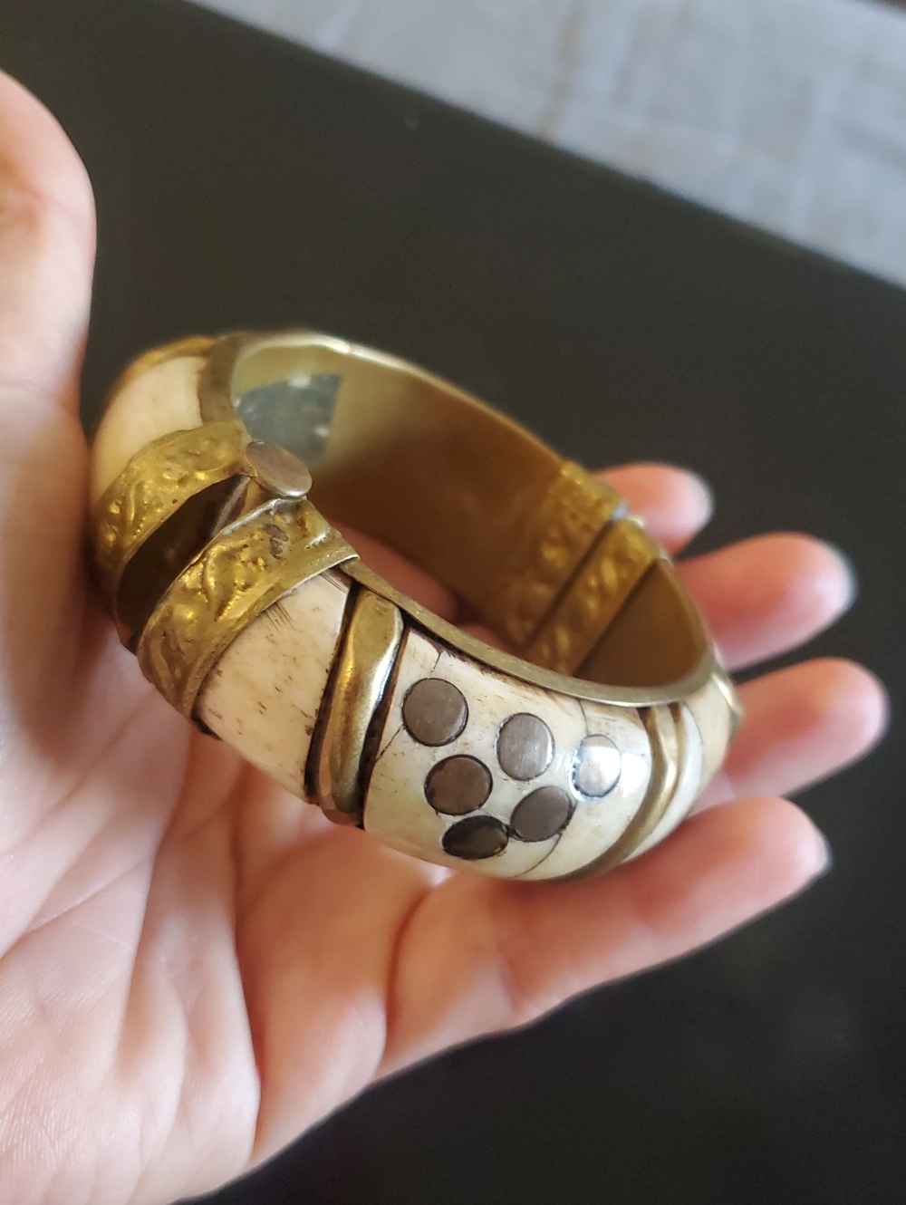 Handcrafted Vintage Carved Bone and Inlaid Brass Statement Bangle 3"